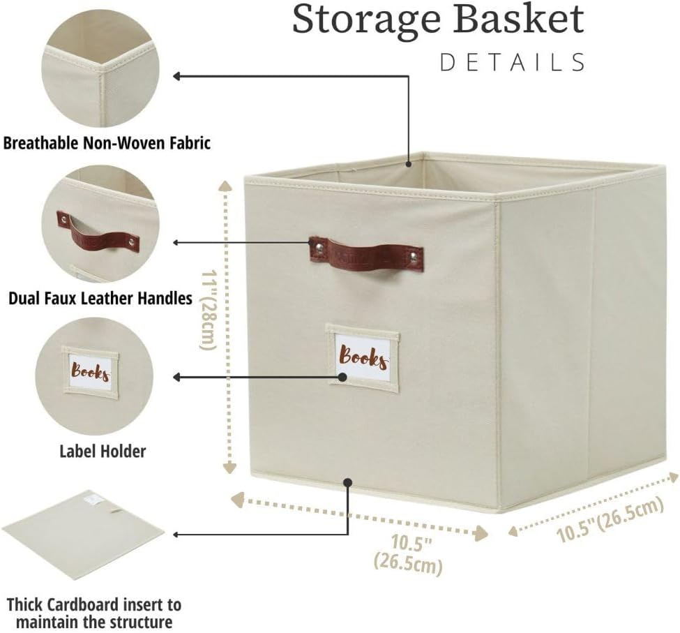 DECOMOMO Storage Bins. Cube Storage Bin with Labels. Fabric Storage Cubes for Shelves (10.5 x 11 / 6pcs. Beige) - Image 3