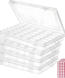 Budreu 4pack 36 Grids Plastic Clear Organizer Box Bead Storage Containers with Adjustable Dividers for Craft Jewelry Fishing Tackles Parts Storage with 4 Sheets Label Stickers