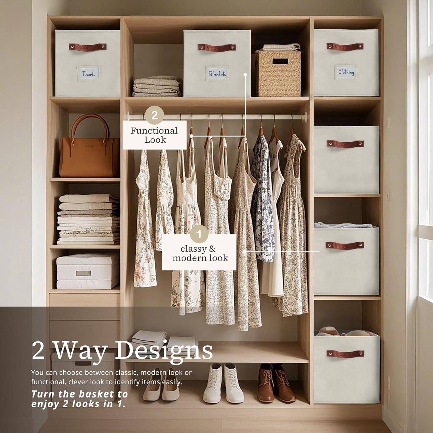 DECOMOMO Storage Bins. Cube Storage Bin with Labels. Fabric Storage Cubes for Shelves (10.5 x 11 / 6pcs. Beige) - Image 4