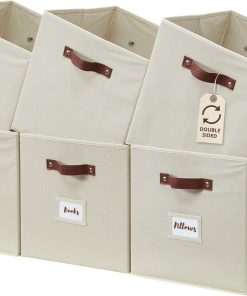 DECOMOMO Storage Bins. Cube Storage Bin with Labels. Fabric Storage Cubes for Shelves (10.5 x 11 / 6pcs. Beige)
