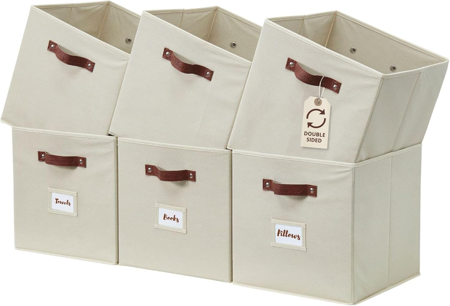 DECOMOMO Storage Bins. Cube Storage Bin with Labels. Fabric Storage Cubes for Shelves (10.5 x 11 / 6pcs. Beige)