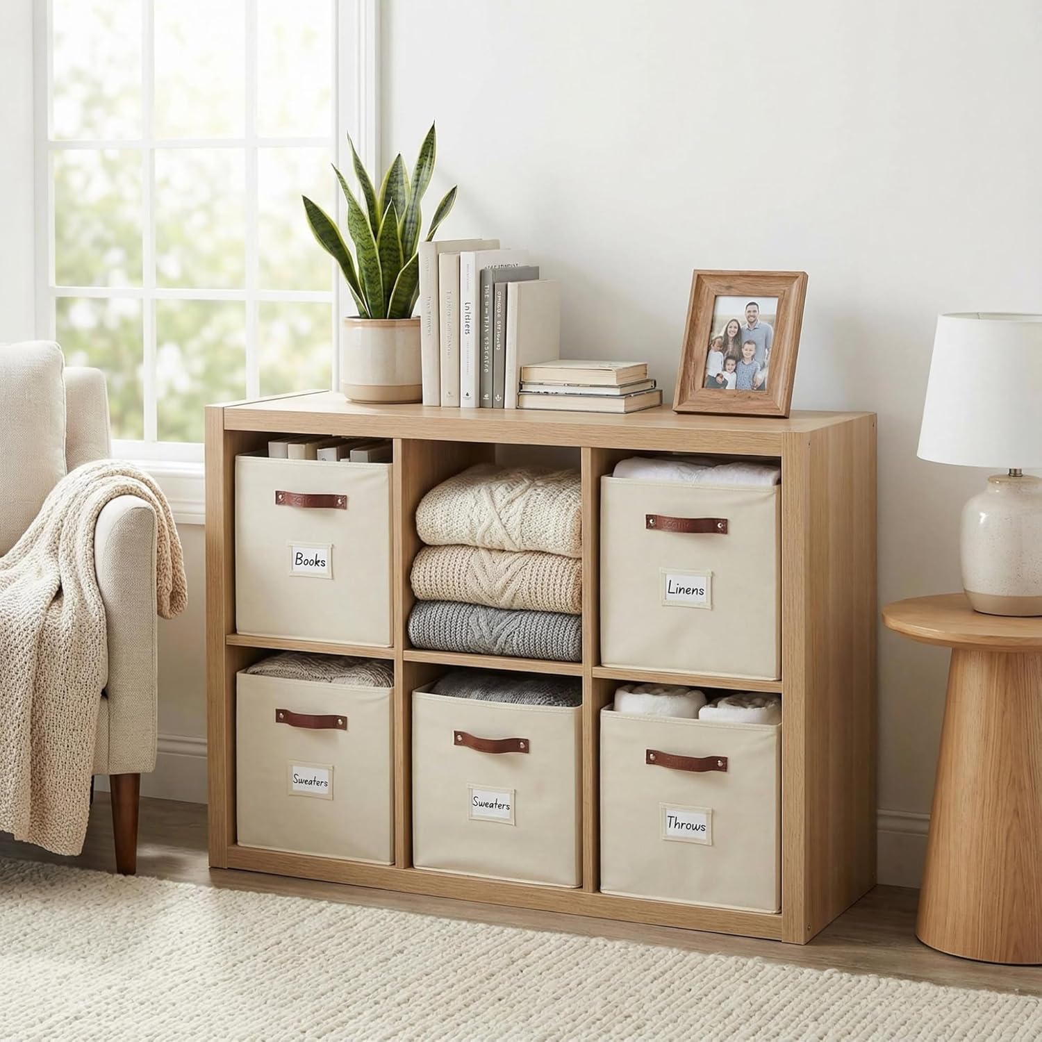 DECOMOMO Storage Bins. Cube Storage Bin with Labels. Fabric Storage Cubes for Shelves (10.5 x 11 / 6pcs. Beige) - Image 2