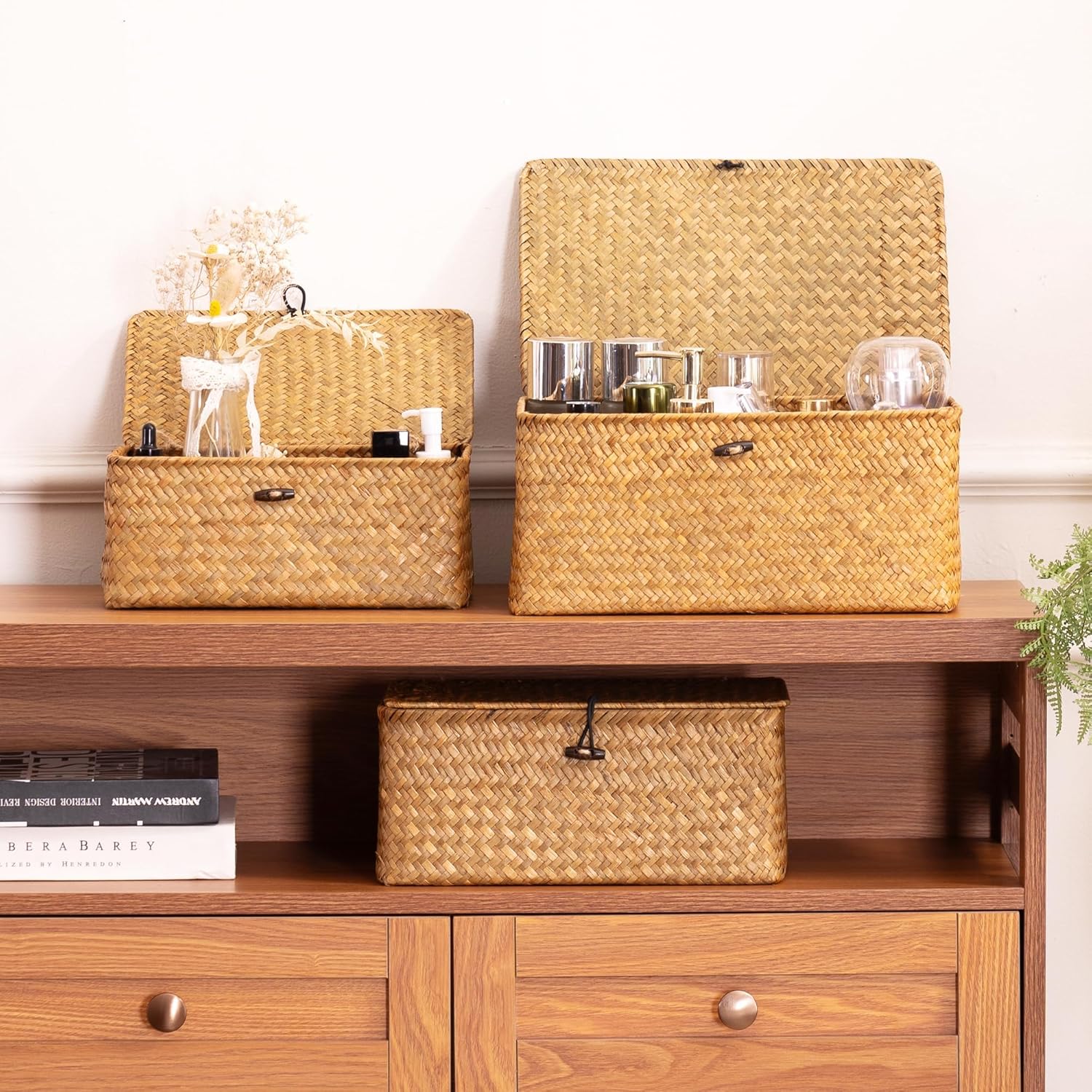 Nonam Storage Basket with Lid. Natural Seagrass Bin with Lid Set of 3. Shelf Baskets Multipurpose Container for Boho Decoration. Rectangular Household Storage Boxes for Home Organization-Natural - Image 7