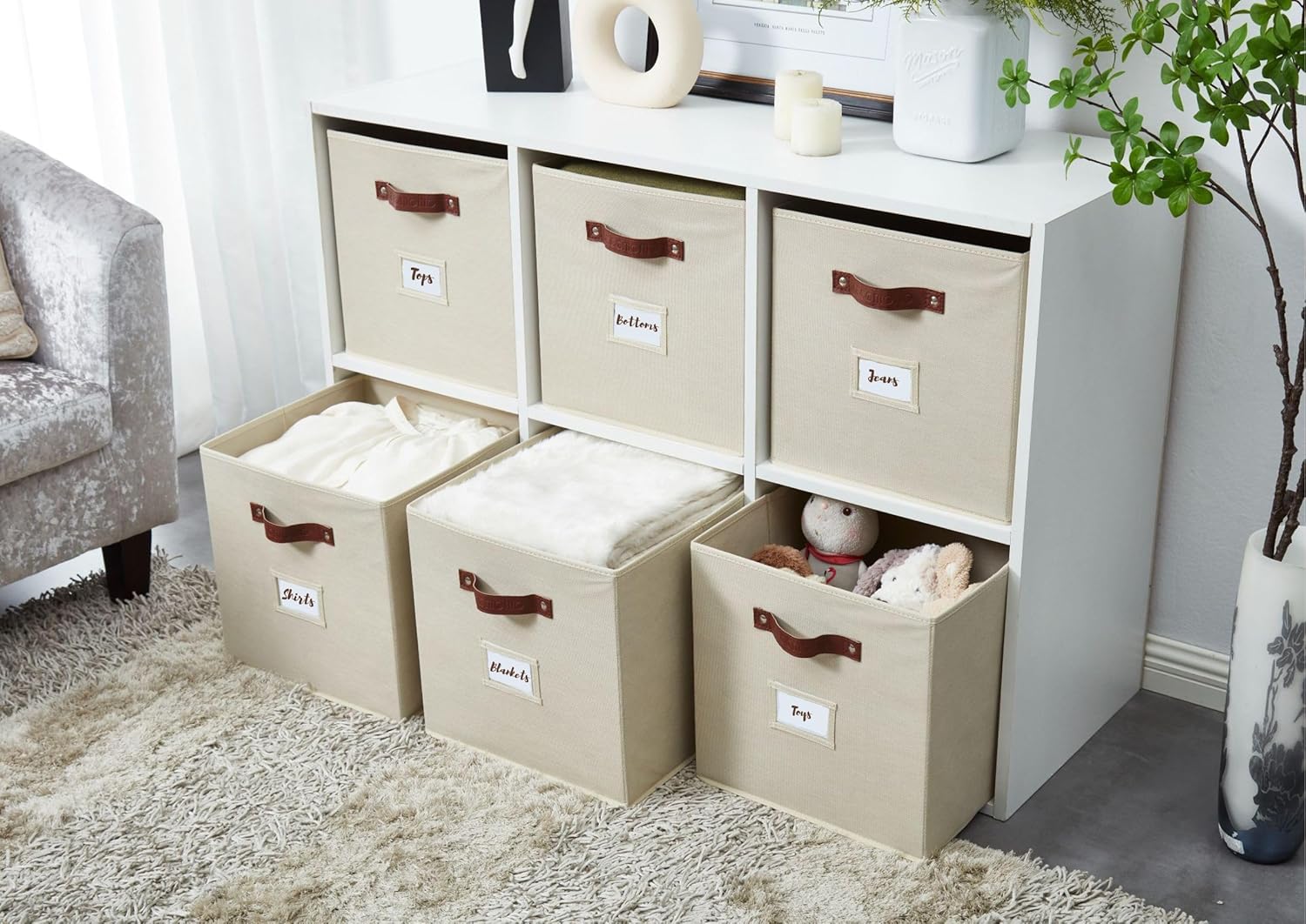 DECOMOMO Storage Bins. Cube Storage Bin with Labels. Fabric Storage Cubes for Shelves (10.5 x 11 / 6pcs. Beige) - Image 9